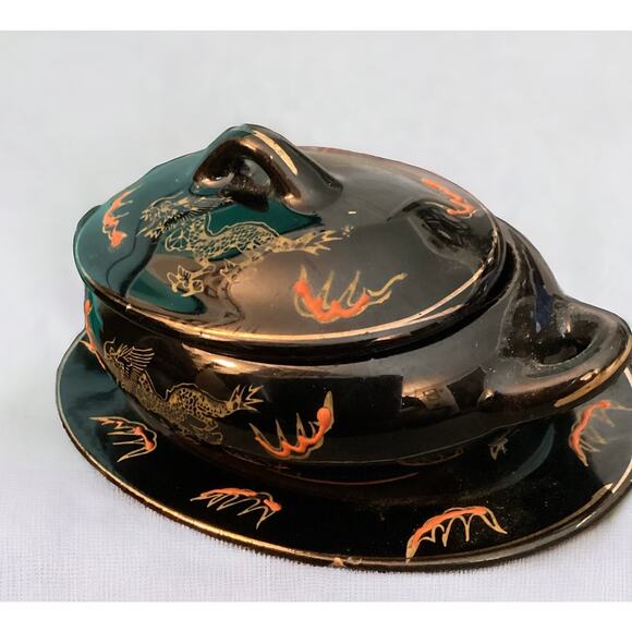 Vintage Acme Japan Pottery Small Condiment Jar with Lid and Under Plate, Dragon - Picture 2 of 8